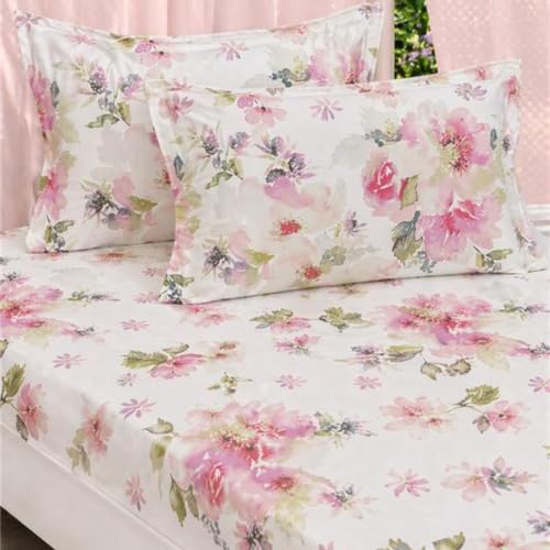 Image of Linen Home Cotton Percale Flat Bedsheet Set King Size Floral Pink