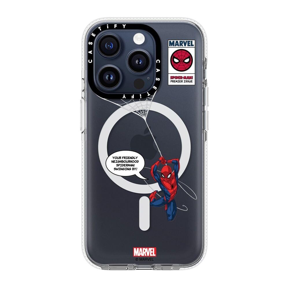 CASETiFY Funda transparente para iPhone 15 Pro [Spider-Man Co-Lab/no amarillea/protección contra caídas de 6.5 pies/compatible con Magsafe] - Spider-Man Swinging - Transparente