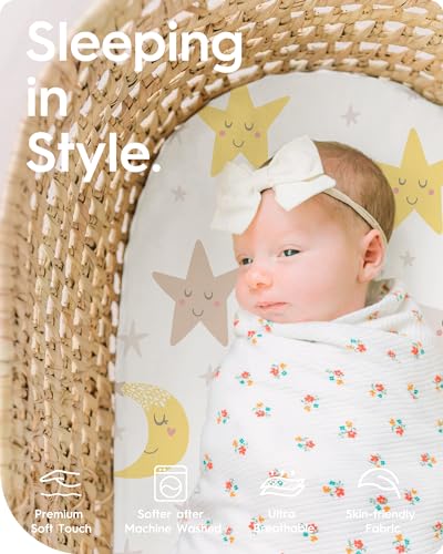 Image of Bassinet Sheets for Baby Boy Girl, TotBasic Buttery Soft Universal Bassinet Fitted Sheet, Compatible with Halo, Mika Micky, Baby Delight, Dream On Me, Maxi COSI and More Bassinet Mattress(Smilingstar)