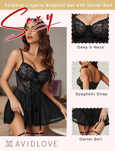 Avidlove Lingerie for Women Sexy Lace Babydoll Mesh Chemise Boudoir Nighty with Garter Belt2