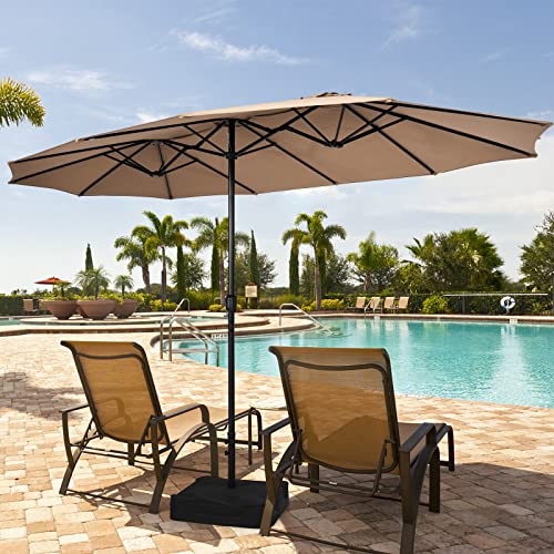 Image of Tangkula 15FT Double-Sided Patio Umbrella with Base, Extra-Large Market Umbrella W /Crank System, Outdoor Twin Umbrella W / 12-Rib Metal Structure & Air Vents for Garden, Backyard, Poolside (Tan)