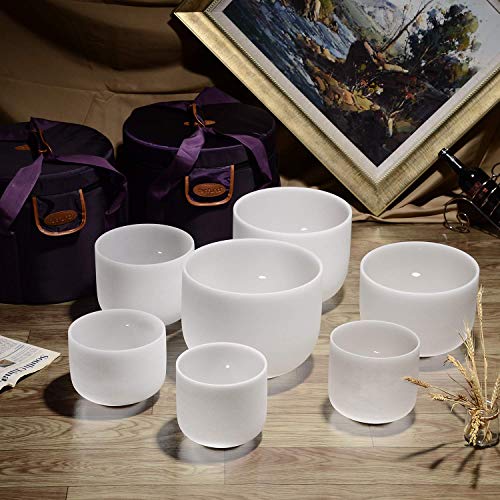 TOPFUND 432hz Chakra Tuned Set of 7 Crystal Singing Bowls 8-10 inch with Heavy Duty Carrying Cases
