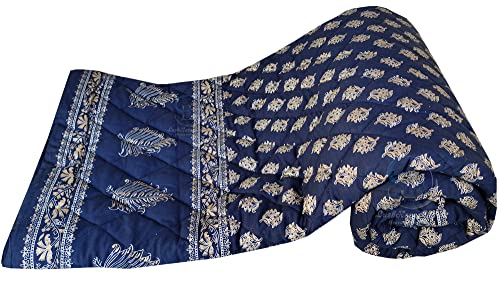 Image of Jaipuri Razai Single Bed Gold Print with Computerized Quilting Use as Soft and Breathable Cotton Comforter Quilt Rajai Blanket Dohar Size 55X85 inch Blue Pack of 2