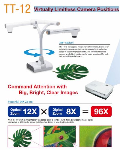 Elmo 1331 Model TT-12 Document Camera, 300° Swivel, Adjustable Free-Angle Camera Head & Arm, Powerful 96x Zoom (12x Optical Zoom x 8X Digital Zoom), 3.4-Megapixel CMOS Image Sensor - Thumbnail 5