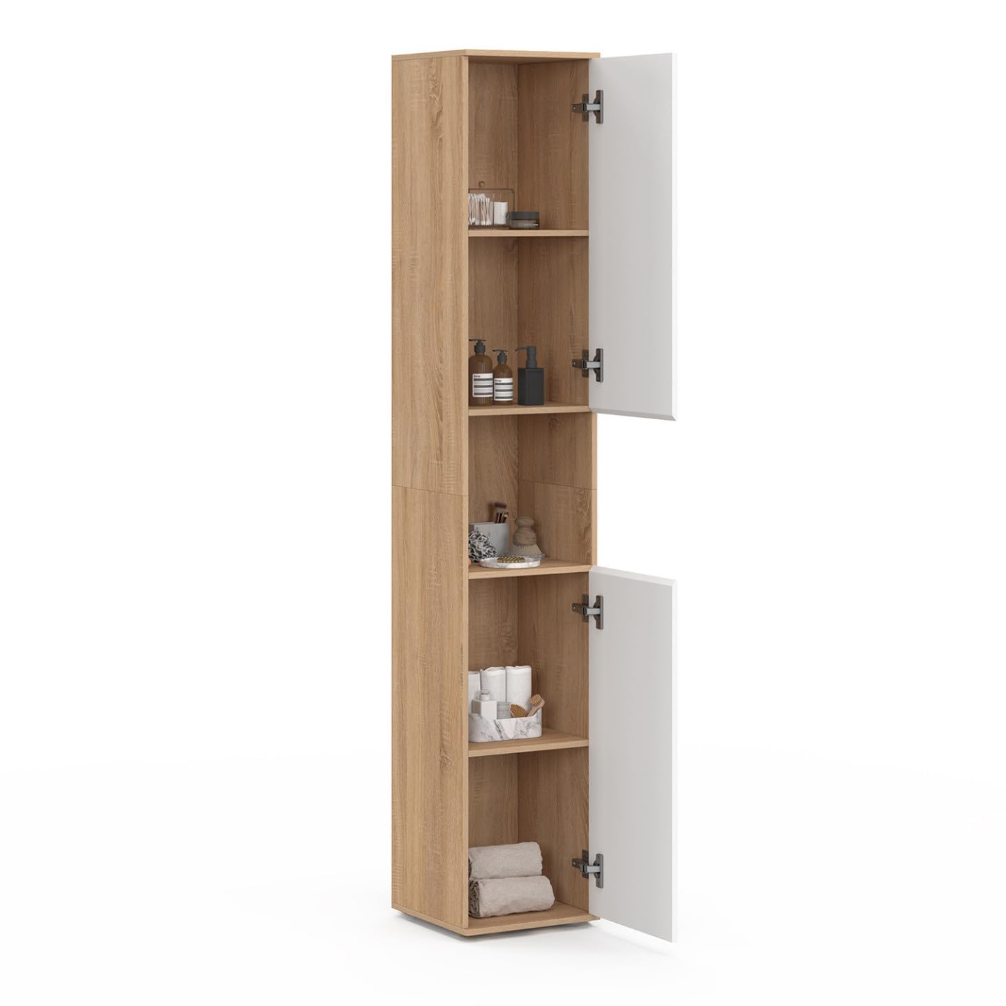 IDMarket - Meuble Colonne Salle de Bain Suspendu TOMI 2 Portes 1 Niche façon hêtre et Blanc