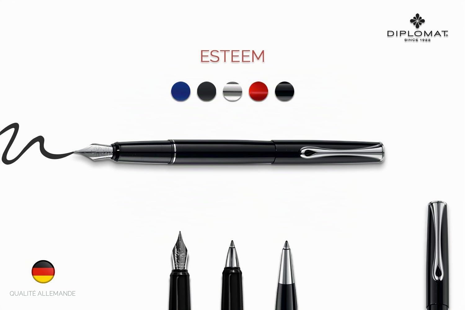 DIPLOMAT - Stylo Plume Acier Esteem - Noir Laqué - Sobre & Épuré - Solide et Confortable - Écriture Douce et Fine - Acier Inoxydable - Savoir Faire Traditionnel - Garantie 5 Ans - D10424505