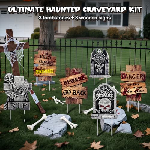 Pzmlu Halloween Decorations Outdoor, 6 Pack Realistic Corrugated Plastic Tombstones and Scary Graveyard Signs with Stakes の商品画像 5