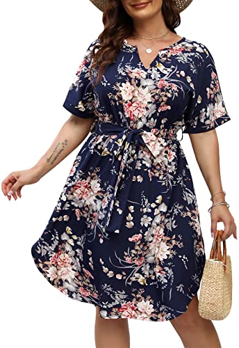 Nemidor Plus Size Casual Dresses for Curvy Women Summer Boho Floral Print Swing Midi Dress with...