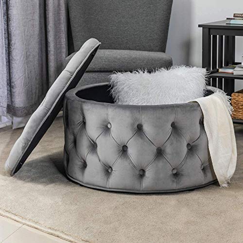 Homebeez Round Velvet Storage Ottoman, Button Tufted Footrest Stool Coffee Table For Living Room (Grey) #TOP1