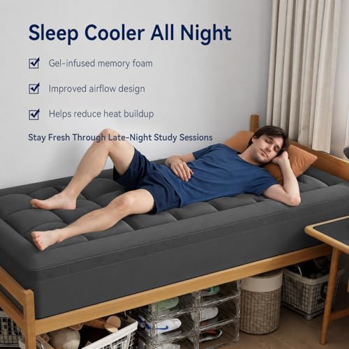 Image of ELEMUSE Twin XL Dorm Dual Layer 3 Inch Memory Foam Mattress Topper for College, Dorm Room Essentials, 2 Inch Cooling Gel Foam and 1 Inch Soft Pillow Top Bed Pad,Back to School,Grey