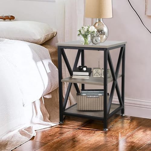 Image of TooCust Square End Table with Storage Shelf, 16 inch D X 16 inch W X 24 inch H, 3-Tier End Table Living Room, Rustic Brown End Tables, X-Shaped Night Stand for Bedroom, Farmhouse Wood End Tables, Grey