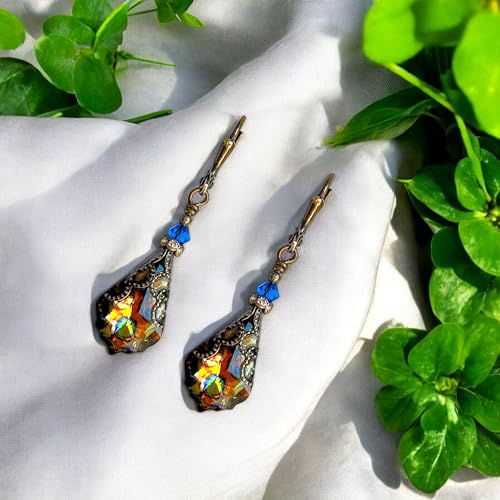 Antique Inspired Vintage Victorian Dangle Drop Earrings for Women - Colored Austrian Crystal Leverback Earrings - Jewelry Gift for Her2