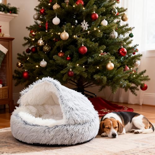 SHJOEE Grau 50cm Katzenbett Flauschig Katzendeckett, Weiches Plüsch, Höhle mit Kapuze, 2-in-1 Hundebett Rund Hundekissen Hundesofa Haustierbett für Katzen und kleine mittelgroße Hunde