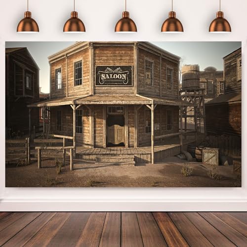 1.5x1m Telón de Fondo Western Cowboy Wild West Saloon Madera Arquitectura Vintage Edificio de Madera Granero Banco Fotografía Fondo Cumpleaños Fiesta Decoraciones Viajes Retrato Photo Booth Props
