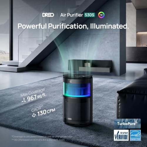 Image of DREO Smart Air Purifier With RGBIC Light,Home Air Cleaner with Wi-Fi /Voice /Alexa, 4 Speeds & Auto /Turbo /HEPA Sleep Modes for Smoke, Dust, Pollen, Odor, PM2.5 Monitor, DREO 530S, DR-HAP010S Black