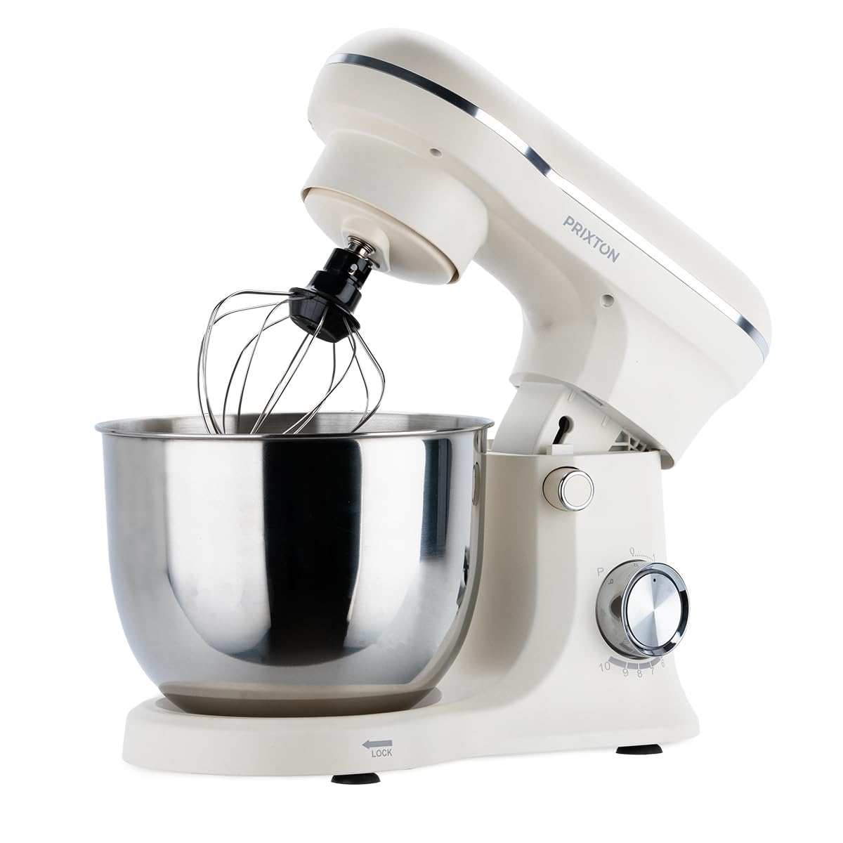 PRIXTON Batidora Amasadora KR250 para Repostería, Potencia 1500W, 10 Velocidades, Bol Acero Inoxidable de 5 litros, 3 accesorios, Tapa Transparente, Color Blanco Crema Mate (Reacondicionado)