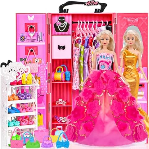 ebuddy 105 Pcs Doll Closet Wardrobe Set Closet Playest Toys Doll Clothes and Accessories for 11.5 Inch Girl Doll Including Wardrobe,Shoes Rack,Dress,Shoes Hangers,Necklace (No Doll) Cover