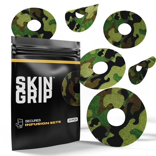Image of Skin Grip Universal Adhesive Patches for CGM and Insulin Pumps with Cutout (20-Pack), 0.8-Inch Hole, Waterproof & Sweatproof for 10-14 Days, Glucose Monitor Patch, Diabetic Sensor Cover, Camo