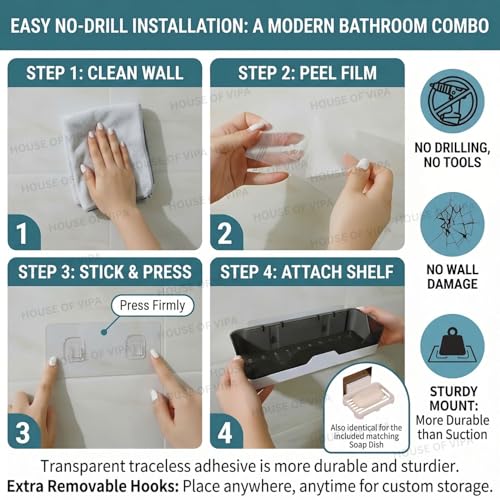 Image of HOUSE OF VIPA Self-Adhesive Bathroom Shelf for Wall, Bathroom Organizer with Towel Holder and 4 Hooks, Space-Saving Bathroom Accessories, 2 Storage Shelves & 2 Soap Dishes (B /W), 4 Pack