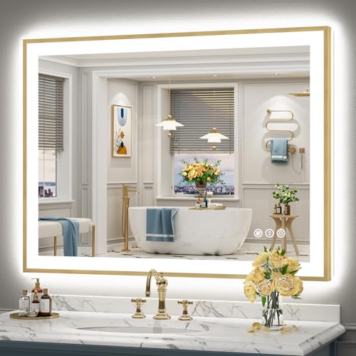 Image of 48x36 Gold LED Bathroom Mirror with Lights, Lighted Vanity Mirror