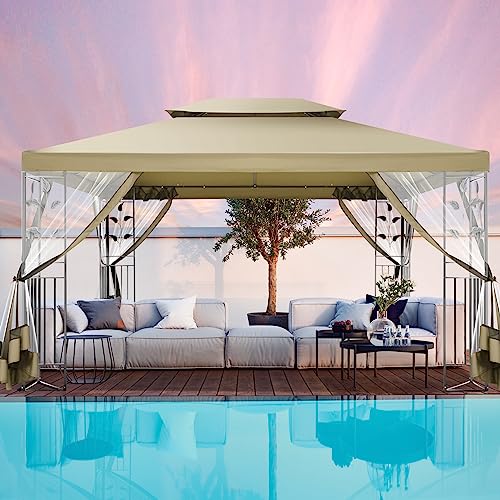 HOTEEL Outdoor Gazebo 10x13 Gazebos on Clearance with Netting, Waterproof Canopy Tent with Heavy Duty Party Tent Steel Frame, High Wind-Resistant Shelter for Backyard, Deck & Garden Windproof Khaki