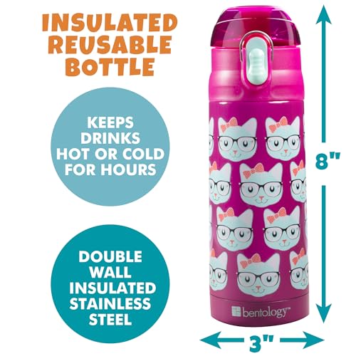 Image of Bentology Stainless Steel 13 Oz Reusable Water Bottle for Kids, Kitty Cat | Double Wall Insulated, Spill Proof Lid W /Built-in Straw- Keep Liquids Hot or Cold- Easily Fits in Lunch Boxes & Bags