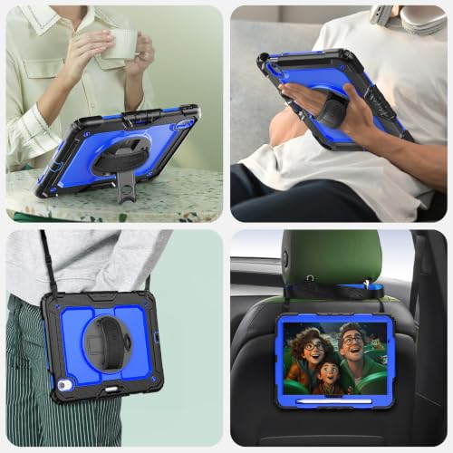 Image of SEYMAC Case for iPad Air 11 Inch M4 /M3 /M2 (2026 /2025 /2024), Blue | Heavy Duty Shockproof Protective, Built-in Screen Protector, 360 Rotating Stand, Hand /Shoulder Strap, Pencil Holder