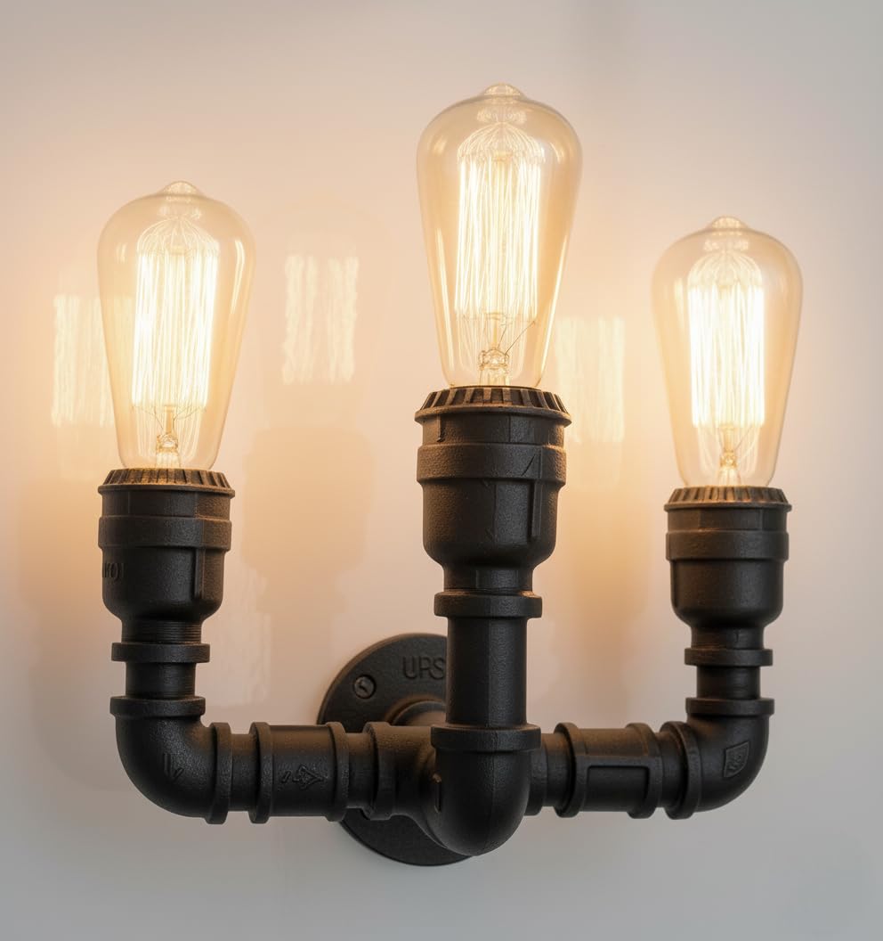 DC VOLTAGE 2 Pack 3 Way Water Pipe Wall Light Black Metal Steampunk E27