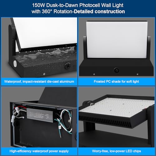 Image of ledmo 150W LED Outdoor Wall Pack Light with Dusk to Down Photocell 360 Rotatable Head Commercial Security Light 21000lm IP68 5000k Floodlight Fixtures for Yard Building Barn Warehouse Shop