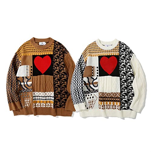 (Wool) Sweater Japanese Style Sweater Mens, Long Sleeve Crewneck Heart Knitted Winter Pullover Top Knitwear Sweater(White,X-Large)4