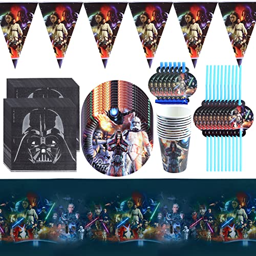 Decoration Anniversaire Star Wars,Fête D'anniversaire Star Wars Décoration,Kit Anniversaire Star Wars Enfant,Star Wars Party Vaisselle pour Couverts, Tasses, Nappe, Serviettes,Bannière, Fourchettes Cover