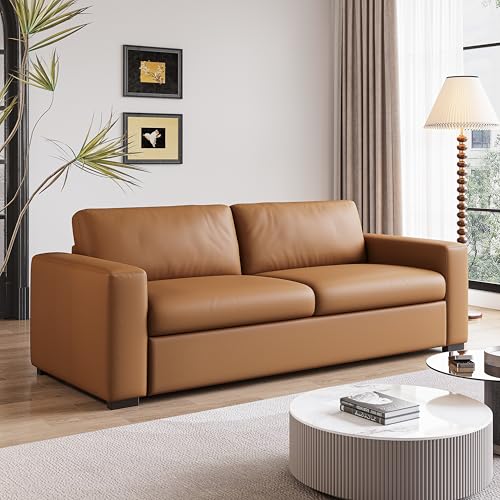 ATJafurn 82.7" Wide 3-Seater Couch Genuine Leather Sofa Orange Leather