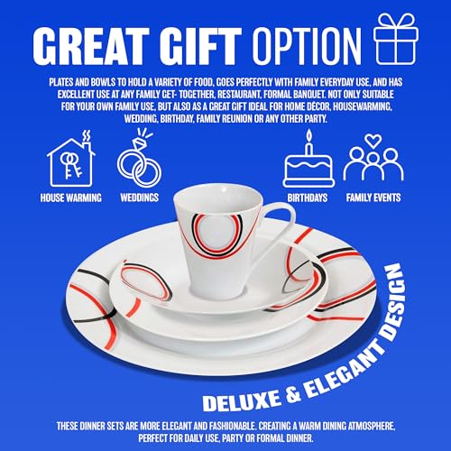 16 Piece Dinner Set - Red & Black Patterns Dinnerware Set | 4 Bowls, 4 Side Plates, 4 Mugs, 4 Soup Plates | Kitchen Microwave & Dishwasher Safe - for Cereal, Desserts, Porcelain Cup, Gift - Image 5