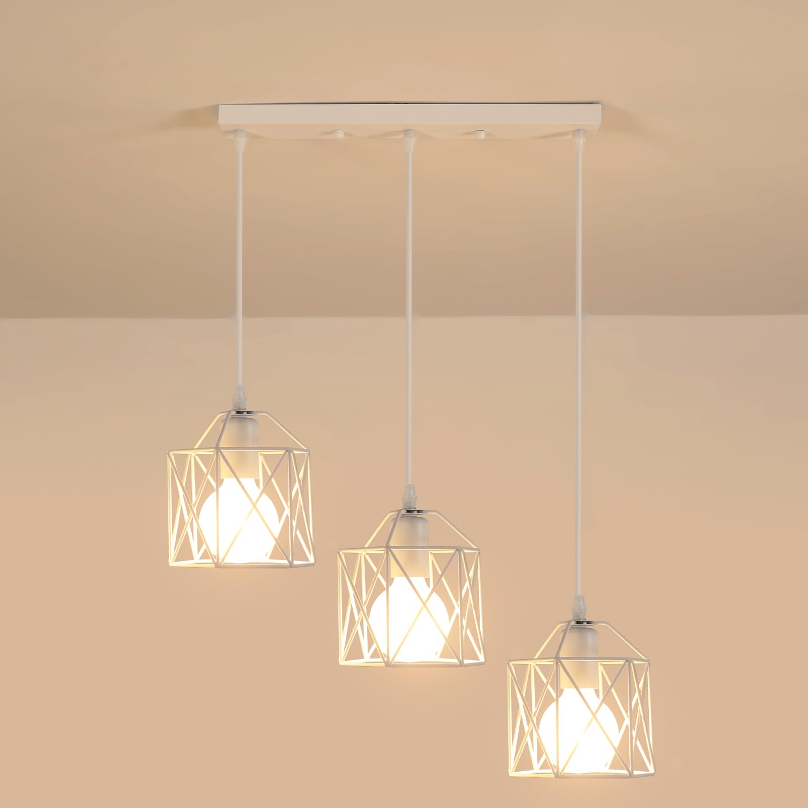 3 Luci Lampada a Sospensione Vintage, E27 Lampadario Industriale | Bianco Metallo, Lampadario da Soffitto Moderno a Forma di Gabbia per Camera da Letto, Cucina, Sala da Pranzo Soggiorno