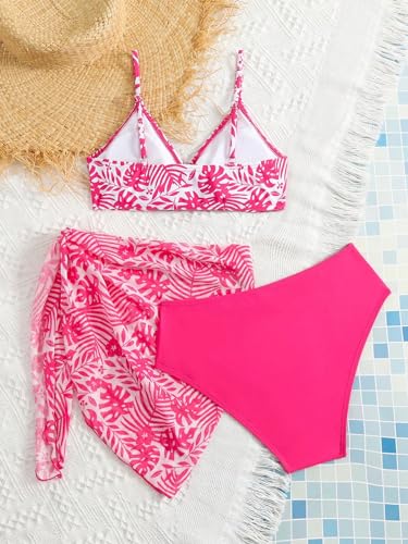 SHENHE Girl's Summer 3 Piece Tropical Cut Out Bikini Set Bathing Suit with Beach Cover Up Skirt2