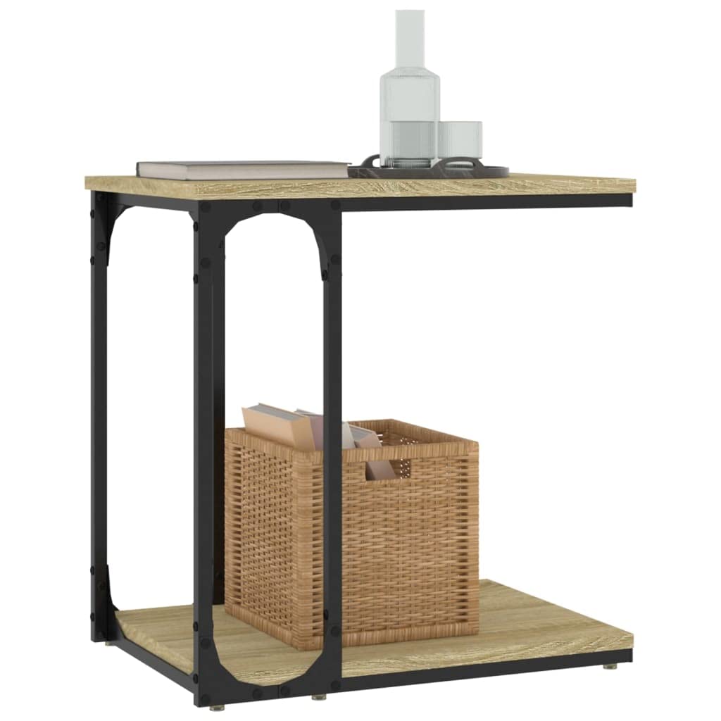 Mesa auxiliar de roble Sonoma, 50 x 35 x 52 cm, mesa de centro en forma de C, ahorra espacio, mesa de sofá de diseño industrial con estructura de metal y estante para salón