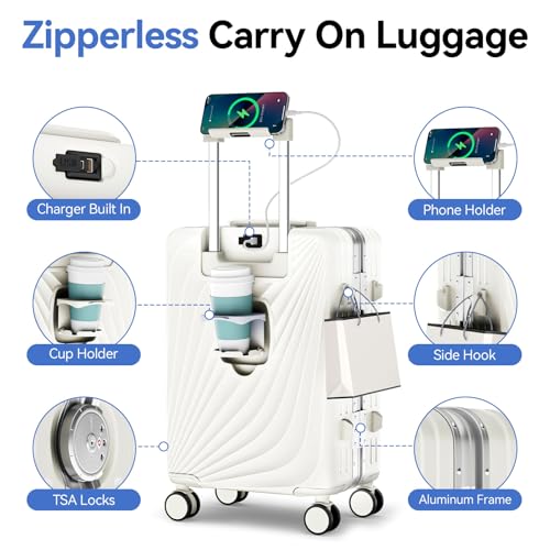 Image of Carry On Luggage, Hardside Zipperless Suitcase, Ivory White, 20 in | Airline Approved, Aluminum Frame, TSA Lock, 360Spinner Wheels, PC, Charger Port, Cup and Phone Holder, Side Hook