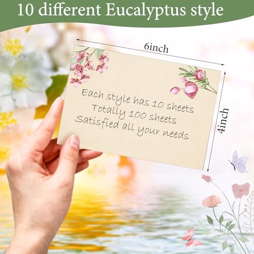 Image of Spiareal 100 Pcs Blank Note Cards Index Card, Kraft Paper, 4 x 6 in, Floral | Kraft Cardstock with Eucalyptus Design, Envelopes Included, For Thank You Cards, Weddings, Baby Showers, Office DIY