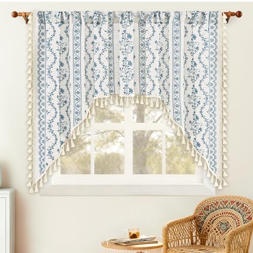 Image of Yinhua Boho Swag Valance Curtains Vintage Linen Valances for Windows Light Filtering Floral Kitchen Valance Rod Pocket Rustic Tassel Window Valances for Bathroom Cafe, 60 inch W x 36 inch L, White Blue