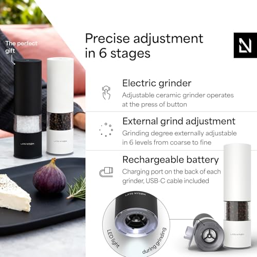 Image of LARS NYSOM Electric Salt and Pepper Grinder Set I Automatic Salt and Pepper Mills with Adjustable Ceramic Grinder I USB Rechargeable Electric Spice Mill Set with LED Light (Black /White)