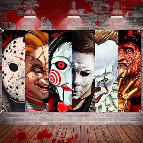 Halloween Horror Party Decorations Horror Classic Movie Character Photo Backdrop 5.9x3.6Ft Horror Birthday Banner Background Supplies for Kids Adults Decorations Photo Booth Props Wall Hanging Decor