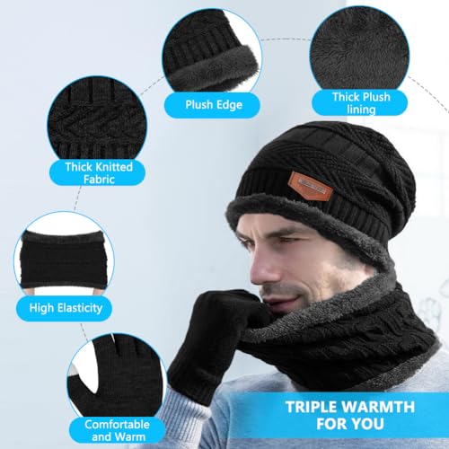 Flintronic Wintermütze, Schal und Touchscreen Handschuhe Set - Fleece-Innenfutter Warm Beanie Mütze für Herren & Damen - Elastische Mütze mit Rundem Schal