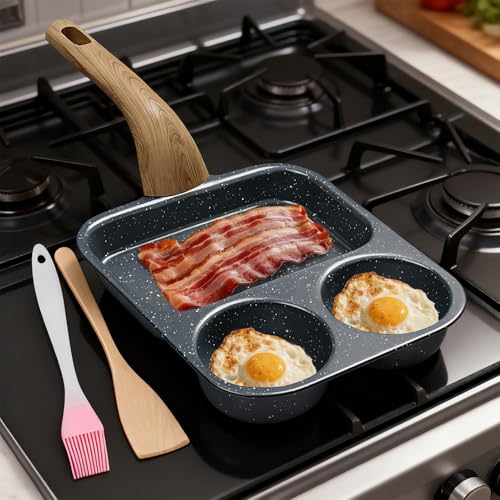 Poêle de cuisson divisée à 3 sections antiadhésive avec brosse et spatule ergonomique