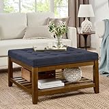 Setawix Large Square Ottoman Coffee Table with Storage Shelf, Upholstered Tufted Linen Foot Stools for Living Room, Mid Century Modern Wooden Coffee Table, Big Ottoman Foot Rest, Navy Blue