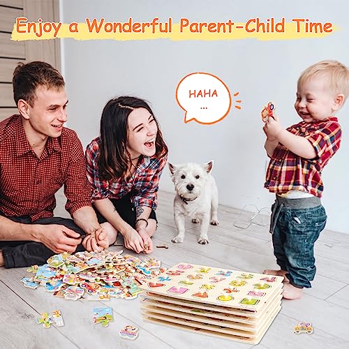 image for Siairo Wooden Peg Puzzles Set 6 Pack for Toddlers 2 3 4, Montessori Al