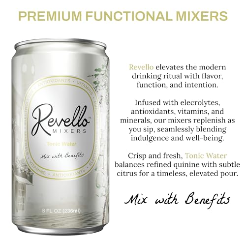 Image of Revello Mixers Tonic Water - Mixer Infused with Electrolytes, Antioxidants, Vitamins & Minerals - Low Sugar & Calories - Premium Beverage for Crafted Cocktails & Mocktails - 8 fl oz (Pack of 4)