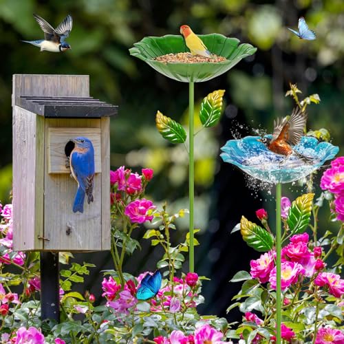Image of 4 Pack Bird Bath for Outside, Outdoors Garden Decor Flower Birdbath | Colorful Metal Bird Bowl with Five Stakes for Hummingbird Baths & Bird Feeders, 31.3 inch H x 10.63 inch Dia (Red,Yellow,Blue,Green)