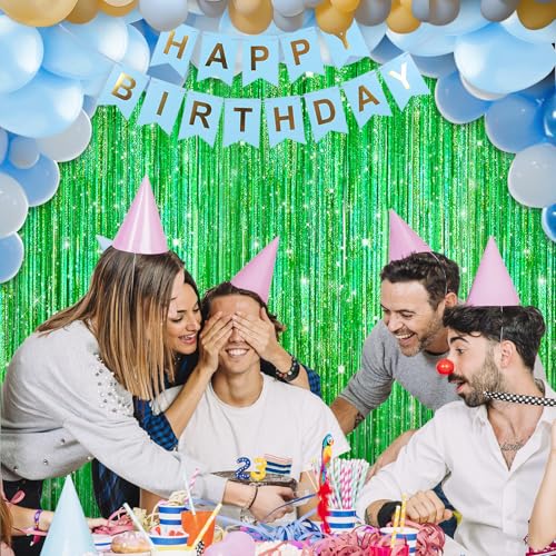 Image of Crosize 2 Pack 3.3 x 9.9 ft Laser Green Foil Fringe Curtains, Tinsel Curtain Backdrop for Parties, Door Streamers for Birthday Dinosaur Animal St Patrick's Day Football Christmas Party Decorations