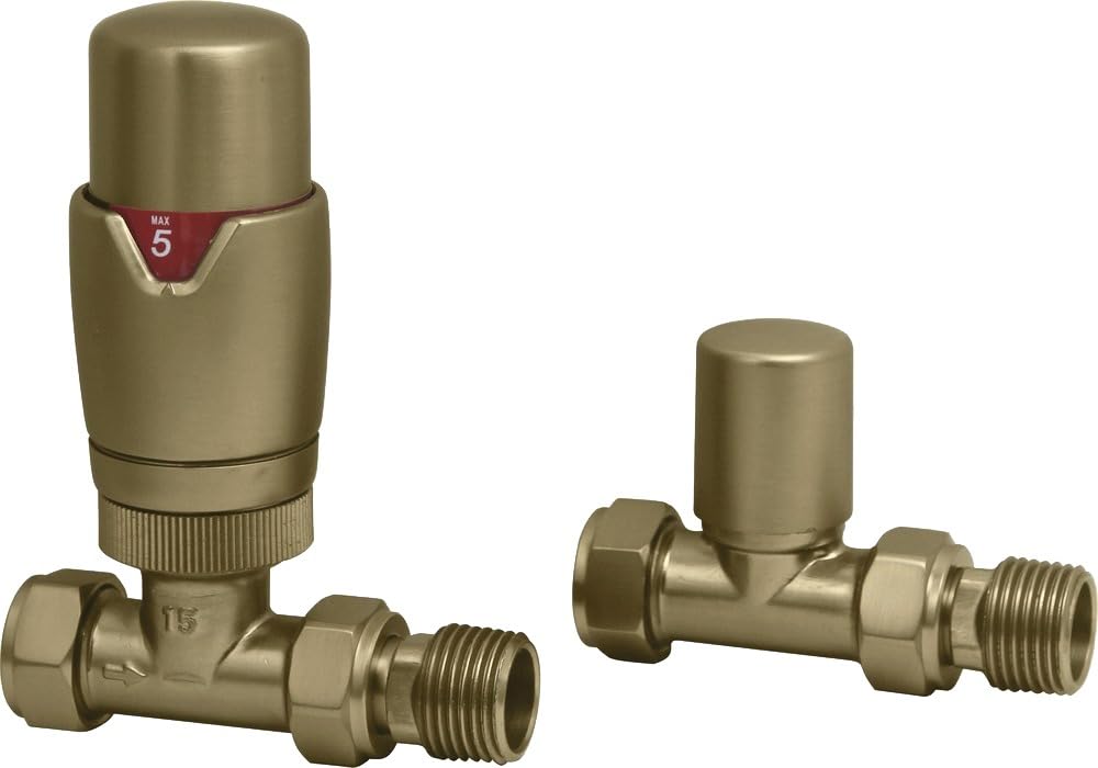 Lux Heat Brushed Brass Straight Thermostatic Radiator Valve (Trv) Set
