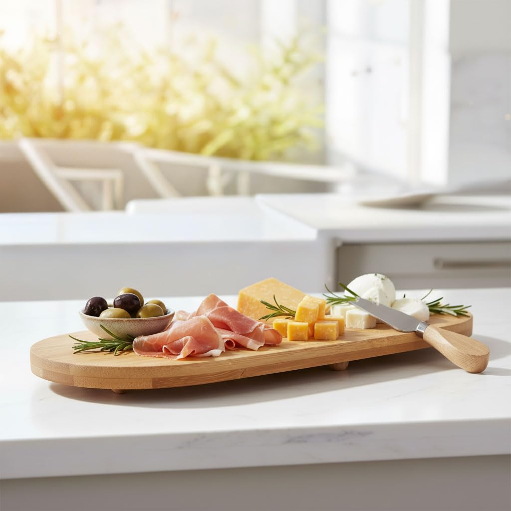 Deconox Ayaklı Bambu Sunum Tabakları, Ayaklı Bambu Sunumluk, Kek, Börek, Çörek ve Çikolata Sunum Tepsisi Yuvarlak Kenarlı Oval Sunumluk (32xm*12cm*1,5cm)